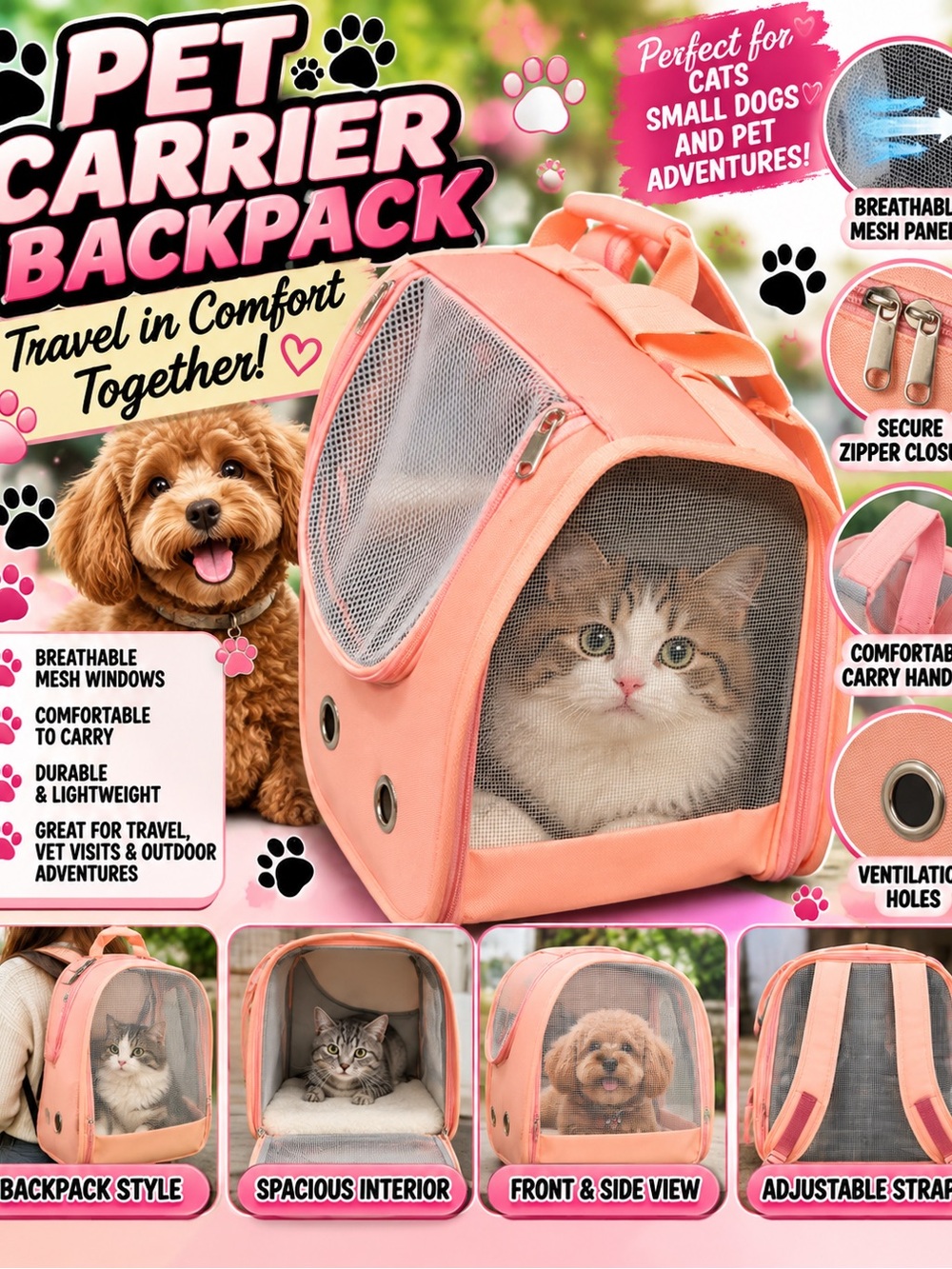 Pink Pet Carrier Backpack for Cats and Small Dogs - Breathable Travel Bag